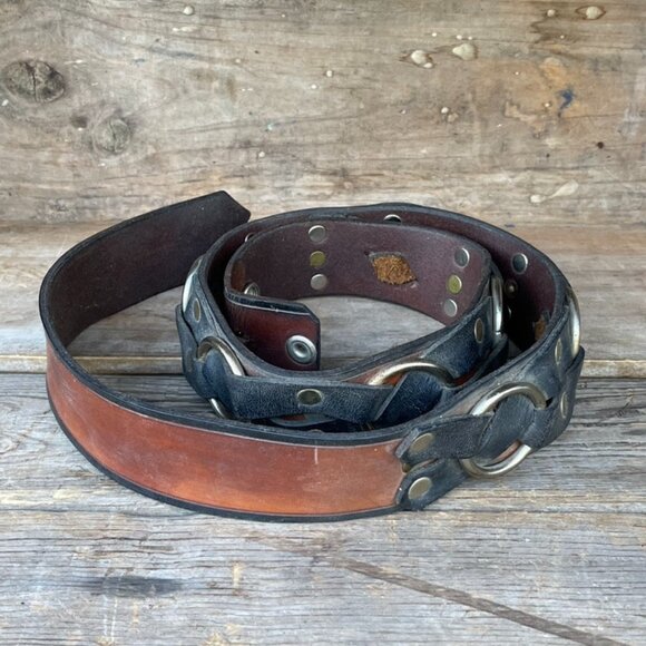 Vintage Biker Motorcycle Belt Leather Strap Black /  Brown with Rings & Rivets - Picture 11 of 14